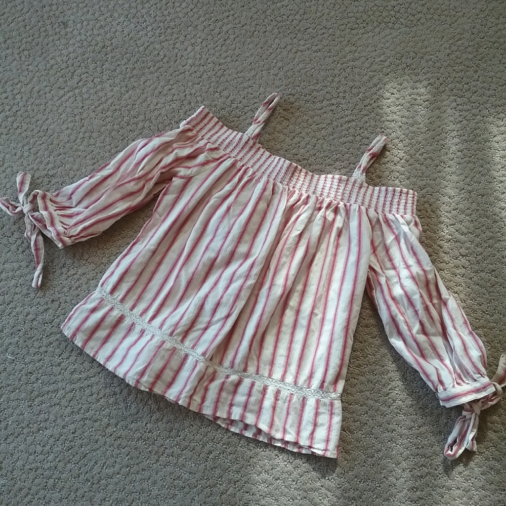 LC Lauren Conrad Pink and White Striped Off-Shoulder Blouse